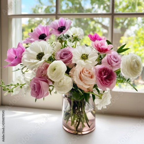 Bright Flowers in a Glass Vase on a Windowsill During Daylight Hours