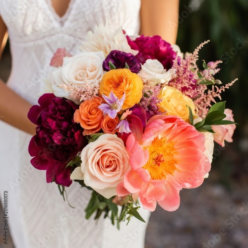 Bride Holds Colorful Flower Bouquet at Outdoor Wedding Ceremony in Daylight