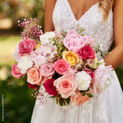 Bridal Bouquet With Pink and White Flowers Held by a Woman in a Garden Settin...