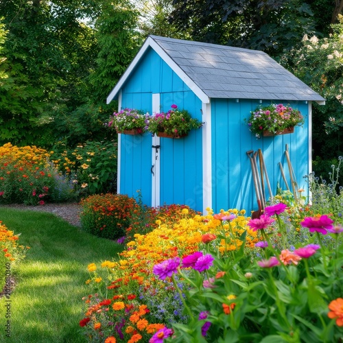 Bright Blue Shed Surrounded by Colorful Flowers in a Garden Setting During Su...