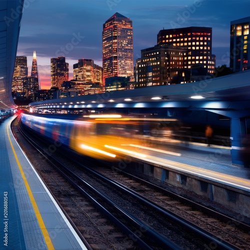 City Train Approaches the Station at Night With Tall Buildings and City Light...