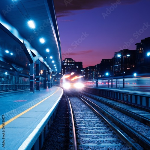 City Skyline at Dusk With Train Passing Through Urban Landscape