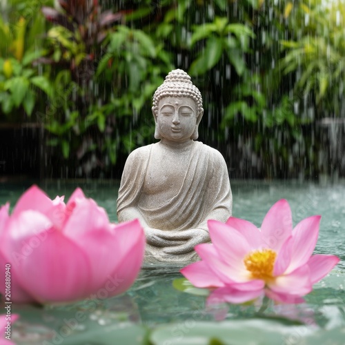 Buddha Statue Sits Among Pink Lotus Flowers in a Garden Pond With Gentle Wate...
