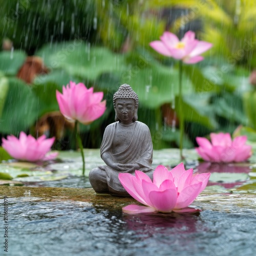 Buddha Statue Sits Among Pink Lotus Flowers in a Garden During Light Rain