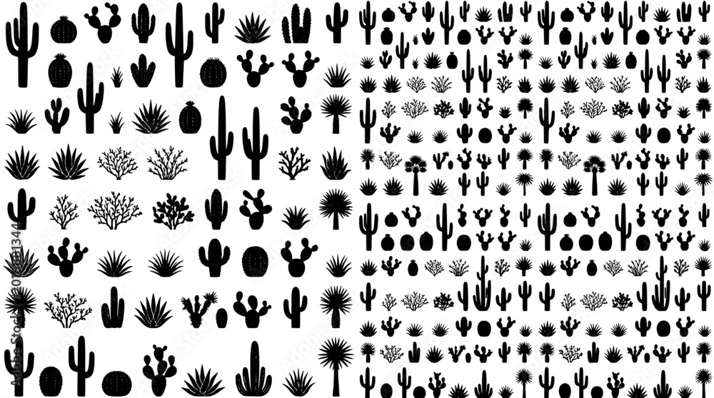 Obraz premium Cactus icons pattern with repeating silhouettes, line art and botanical motifs on a dotted background for seamless wallpaper and creative design