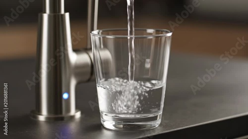Clear water pouring from a modern faucet into a glass while refreshing and healthy.