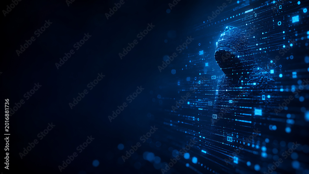 © Putri - Digital security concept featuring an anonymous hooded figure emerging from a matrix of glowing data