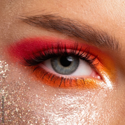 Bright Colors and Makeup Details on an Eye With Glitter During a Beauty Session