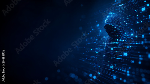 Digital security concept featuring an anonymous hooded figure emerging from a matrix of glowing data