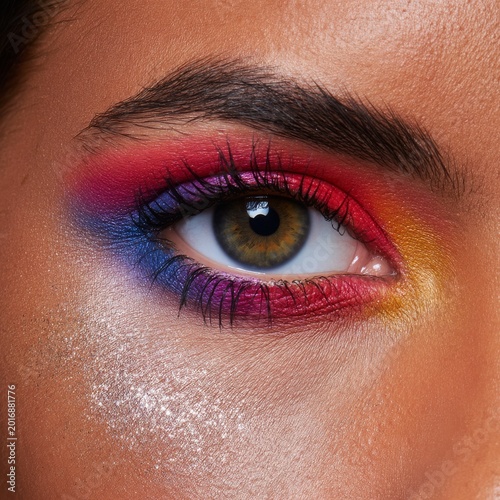 Bright Colors and Makeup Details on an Eye With Glitter During a Beauty Session