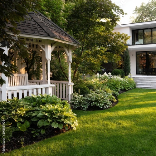 Garden With Gazebo and Modern House Surrounded by Green Plants in Afternoon L...
