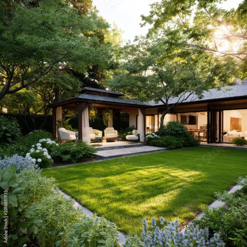 Garden With Gazebo and Modern House Surrounded by Green Plants in Afternoon L...