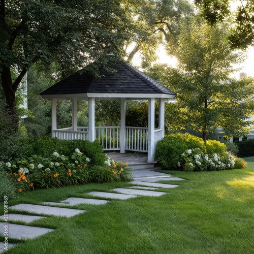 Garden Gazebo in a Backyard With Path and Plants During Afternoon Light