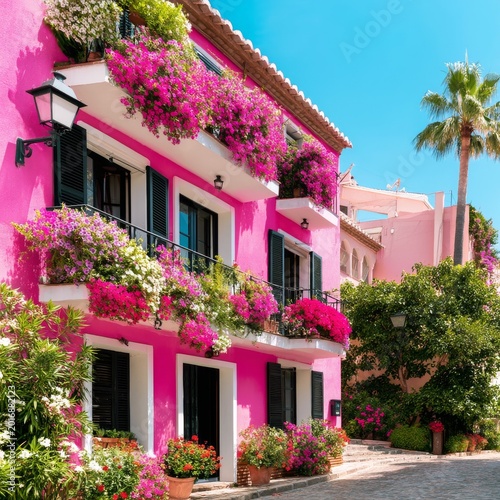 Bright Pink Building With Flowers in Pots in a Sunny Street