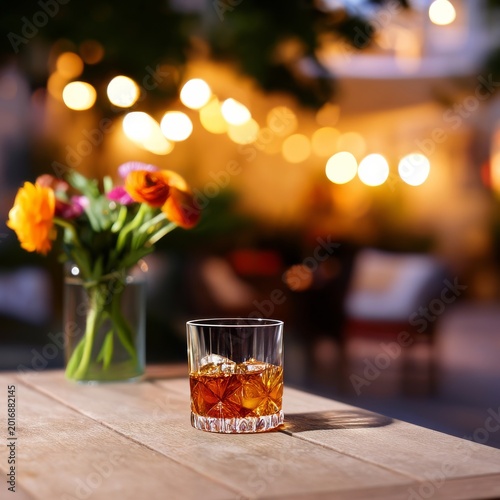 Drinks and Flowers on a Wooden Table Outside With Lights in the Background Du...