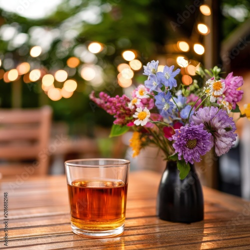 Drinks and Flowers on a Wooden Table Outside With Lights in the Background Du...