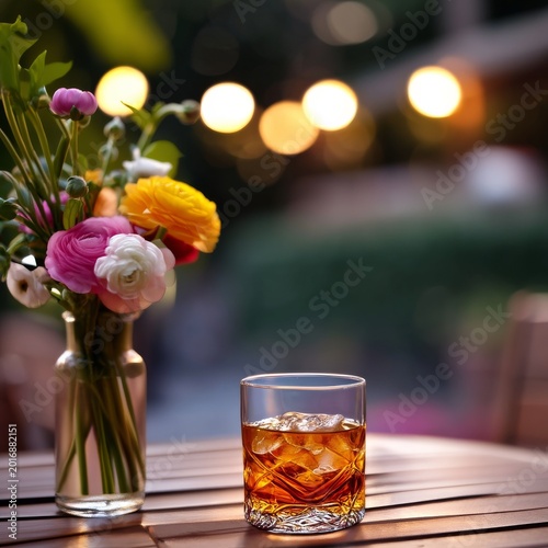 Drink and Flowers on a Table in the Evening at an Outdoor Setting
