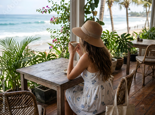 Woman Relaxing at Tropical Beach Cafe with Ocean View and Coffee