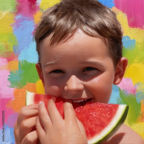 Child Enjoys Watermelon Slice in Front of Colorful Painted Background During ...