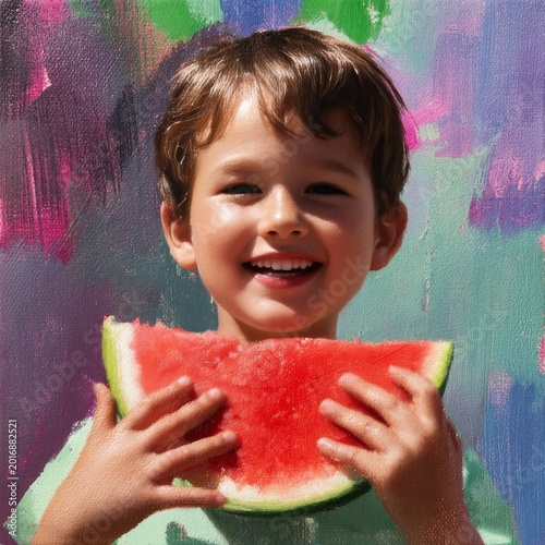 Child Enjoys a Slice of Watermelon With a Colorful Background in Bright Daylight