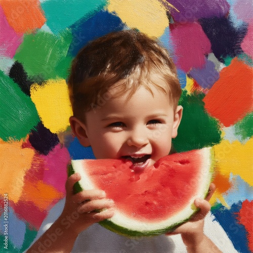 Child Enjoys Watermelon Slice in Front of Colorful Painted Background During ...