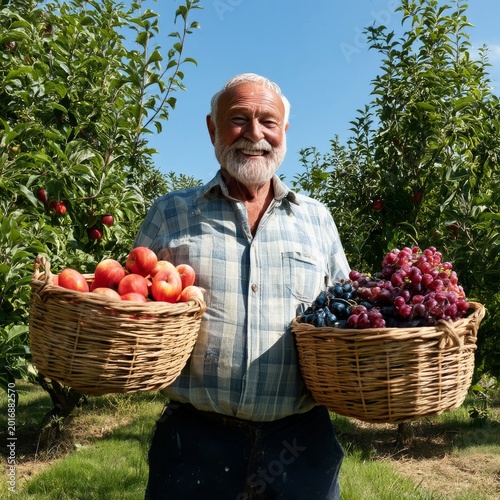 Elderly Man Holds Baskets of Apples and Grapes in Orchard During Harvest