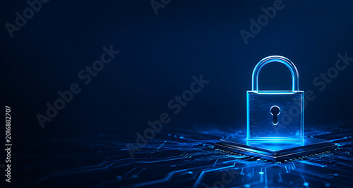 Advanced digital protection framework with glowing padlock safeguarding future data and network integrity