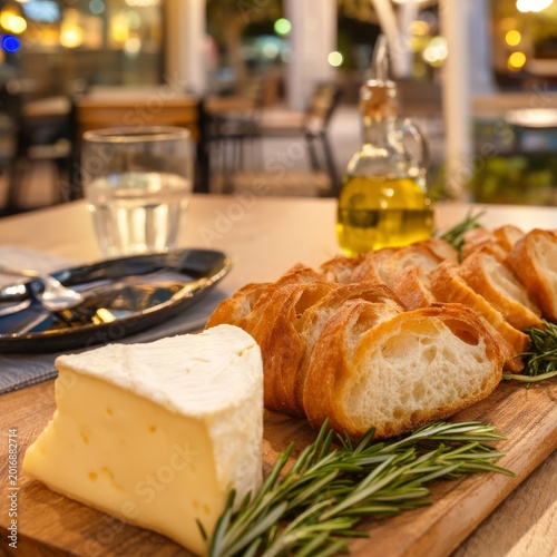 Cheese and Bread Served on a Wooden Board With Olive Oil on a Table in a Rest...