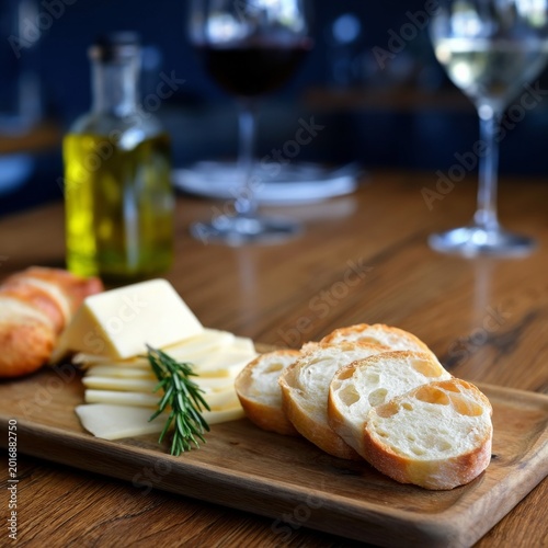 Cheese and Bread Served on a Wooden Board With Olive Oil on a Table in a Rest...