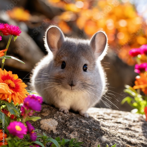 Chinchilla Resting on a Rock Surrounded by Flowers in a Garden During Daylight