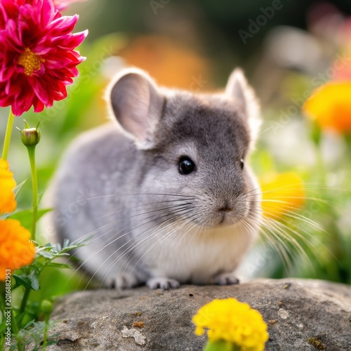 Chinchilla Resting on a Rock Surrounded by Flowers in a Garden During Daylight
