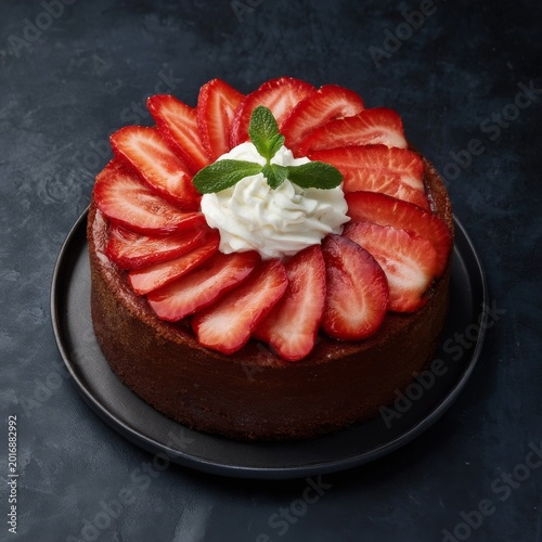 Fresh Strawberry Cake With Whipped Cream Served on Black Plate