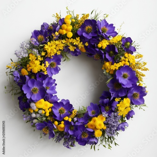 Colorful Floral Wreath Design With Purple and Yellow Flowers on Blue Background