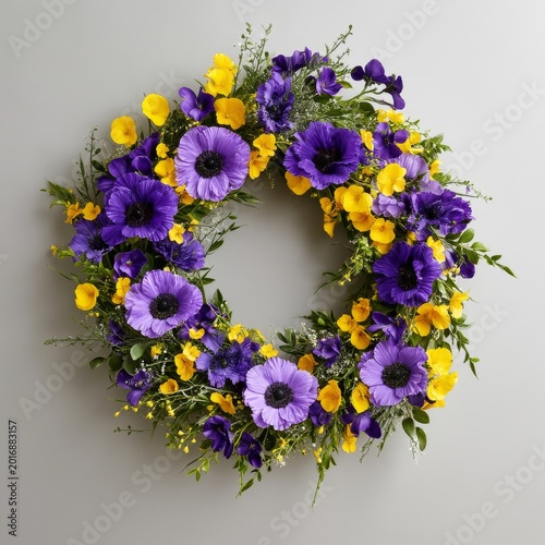 Bright Flower Wreath Made of Purple and Yellow Blooms for Home Decoration