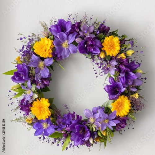 Bright Flower Wreath Made of Purple and Yellow Blooms for Home Decoration