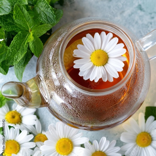 Making Herbal Tea With Mint and Chamomile Flowers in a Glass Teapot on a Blue...