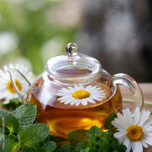 Making Herbal Tea With Mint and Chamomile Flowers in a Glass Teapot on a Blue...