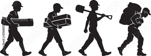 Tableau sur toile Construction worker silhouettes set, manual labor workers carrying building mate