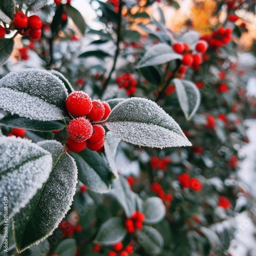 Frost Covers Red Berries and Green Leaves on a Shrub During Winter in a Natur...