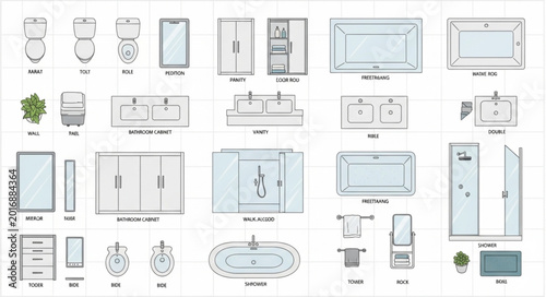 Schilderij op canvas Architectural drawings of bathroom fixtures and elements.