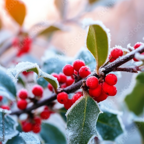 Frost Covers Red Berries and Green Leaves on a Shrub During Winter in a Natur...