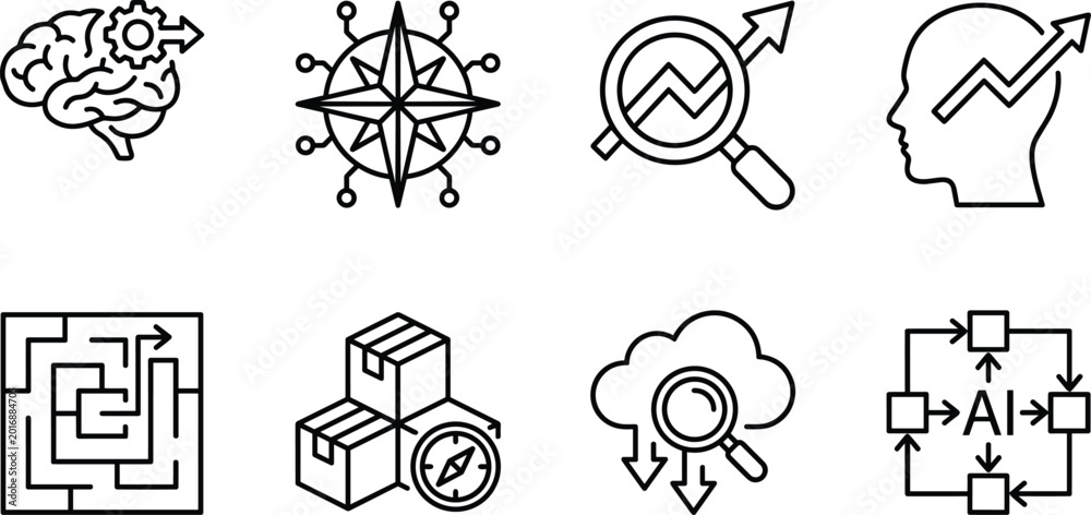 Fototapeta premium Artificial Intelligence and Business Analytics Icon Set with Machine Learning, Cloud Search, Data Strategy, and Innovation Process Symbols