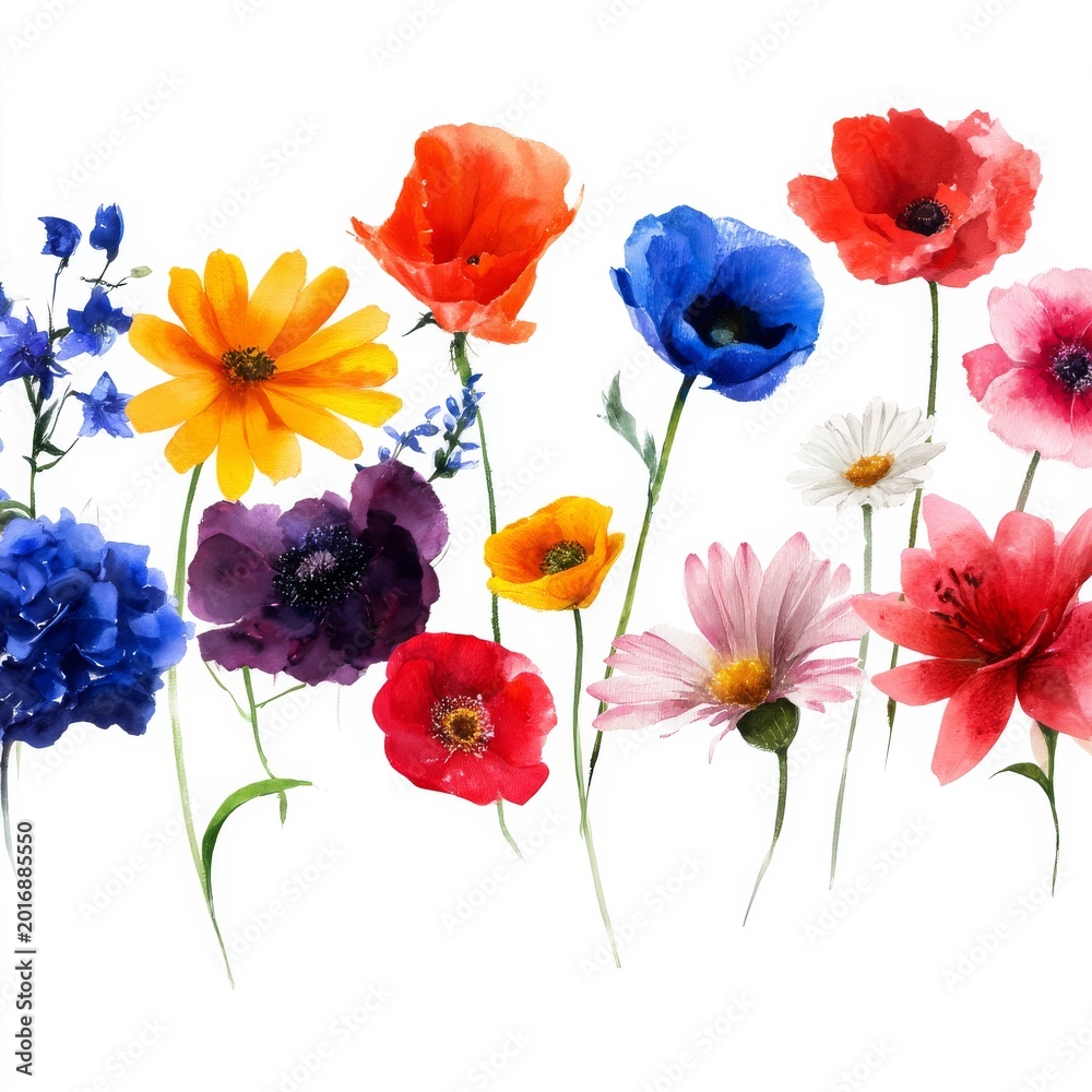 Obraz premium Bright Flowers in Various Colors Gathered Together on a White Background