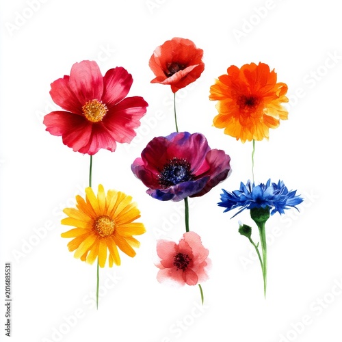 Colorful Flowers Display in a Variety of Shapes and Sizes Against a Plain Bac...