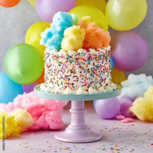Colorful Cake With Cotton Candy on a Stand in a Festive Setting