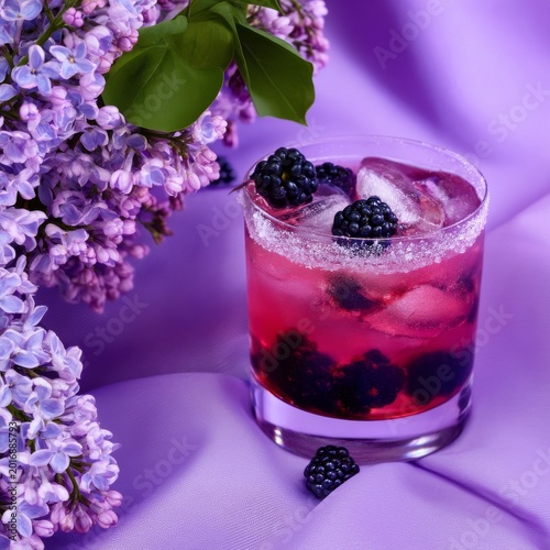 Blackberry Drink Next to Lilac Flowers on Purple Fabric Background