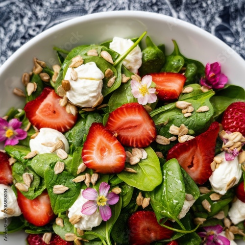 Fresh Salad With Spinach, Strawberries, and Cheese Served on a White Plate at...
