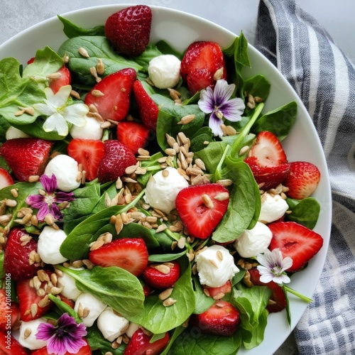 Fresh Salad With Spinach, Strawberries, and Cheese Served on a White Plate at...