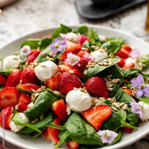 Fresh Spinach Salad With Strawberries, Cheese, and Seeds on a Plate