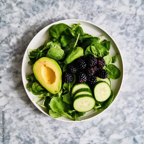Fresh Salad With Spinach, Cucumber, Avocado, and Blackberries on a Marble Sur...
